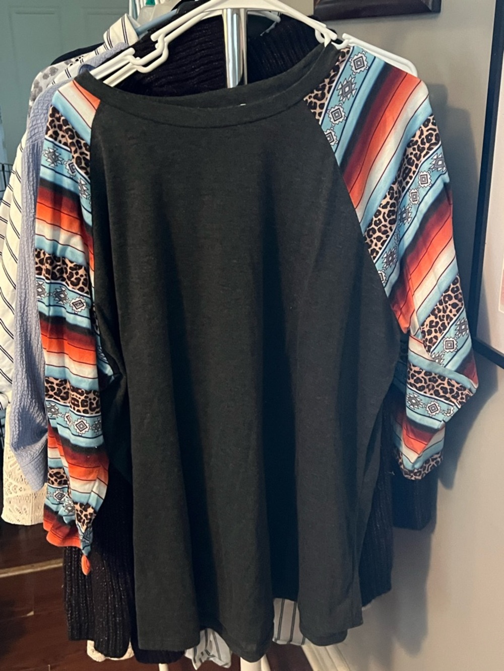 Black Raglan Top with Aztec & Leopard Stripe Sleeves